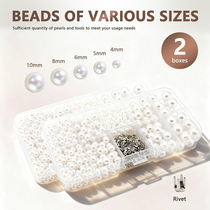 AILUHONG Pearl Setting Machine Hand Press Tools 2 Boxes White No Holes Pearl Beads with Rivet Studs Screw Heads L Hexagon Wrench for Decorating Clothes Hat Trousers Dresses Bag Hair Band DIY Crafts (White) - Image 4